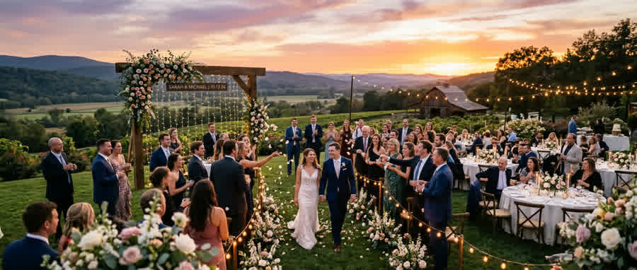 Guests celebrating and sharing photos at an event